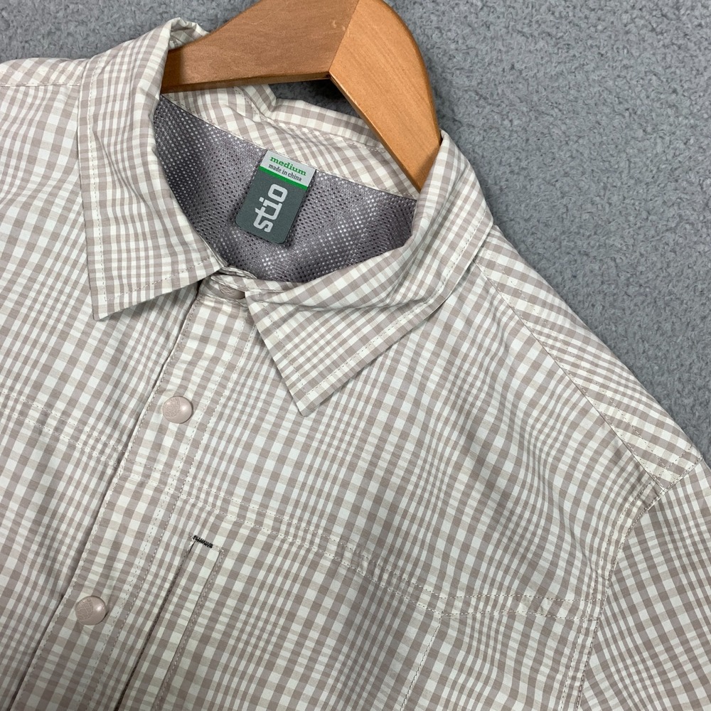 Stio Hagen Shirt Men's Medium Tan/Cream Plaid Short Sleeve Vented Trail Camping